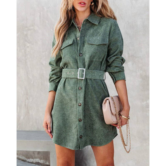 Olive Corduroy Button Up Dress*