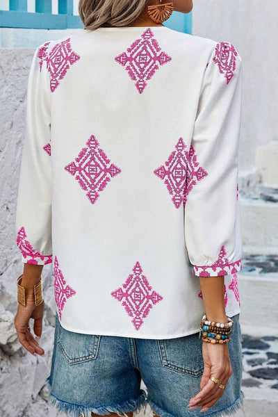 Summer Print 3/4 Sleeve V-Neck Top Pink