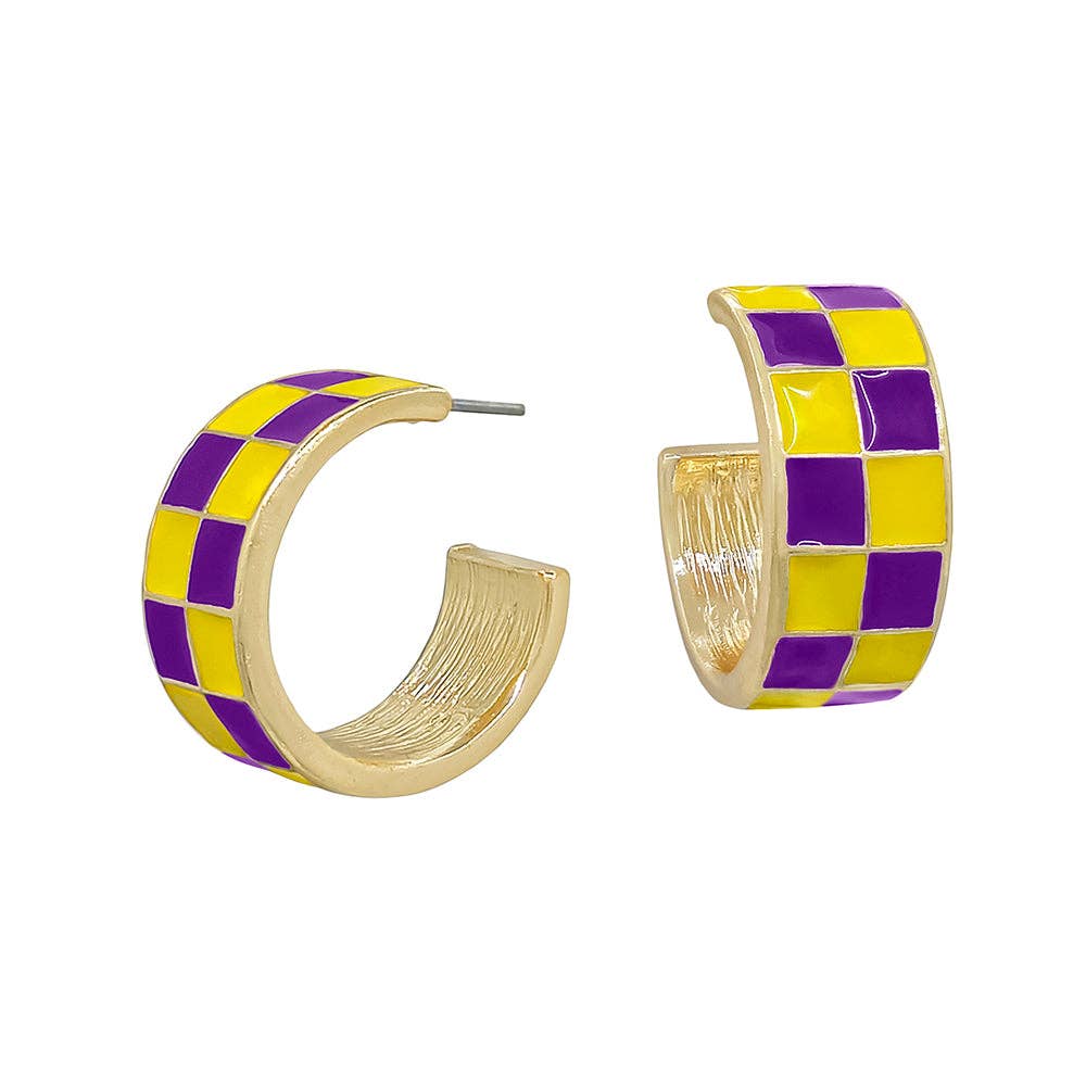 Purple and Yellow Checkered and Gold .75" Hoop Earring