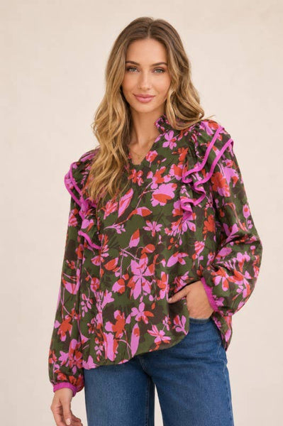 Floral Print Piped Ruffle Long Sleeve Blouse
