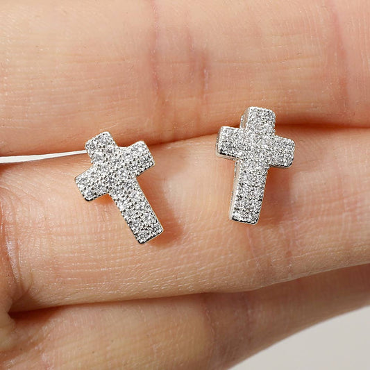 CZ Stone Paved Cross Stud Earrings: Silver