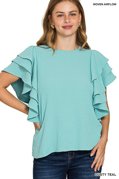 Ruffle Sleeve Top Dusty Teal