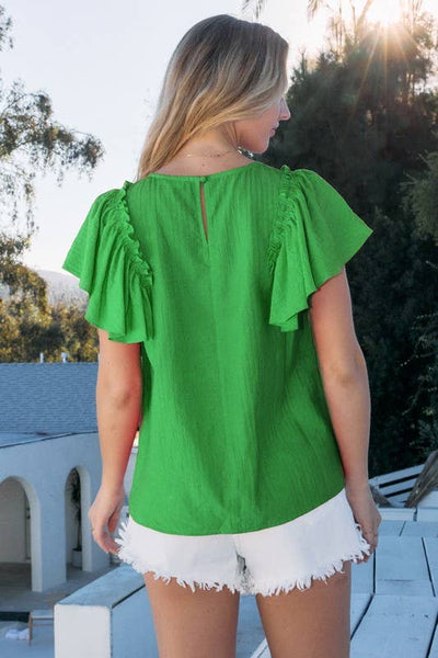 Green Woven Ruffle Sleeve Blouse
