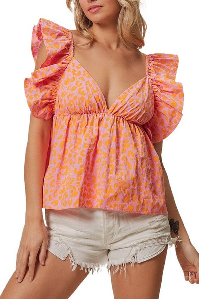 Peplum Leopard Print Flutter Sleeve