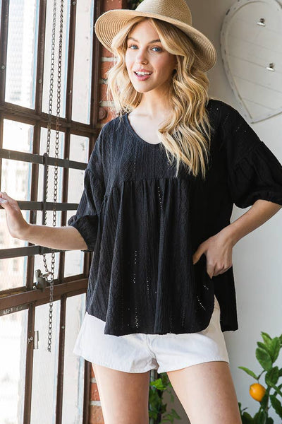 Eyelet Embroidered V-Neck Puff Sleeve Black