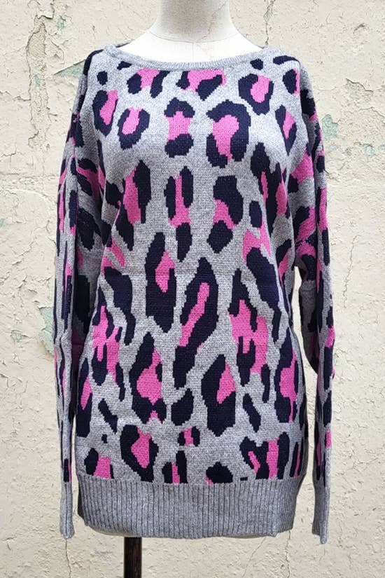 Gray and Leopard Open Back Sweater