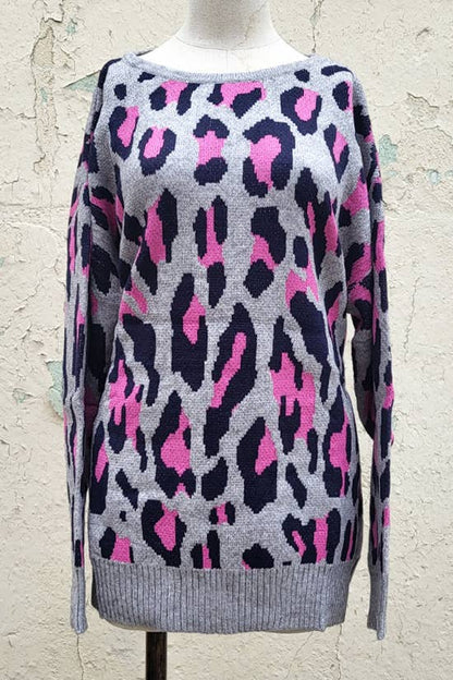 Gray and Leopard Open Back Sweater