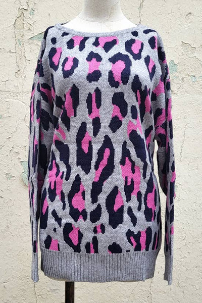 Gray and Leopard Open Back Sweater