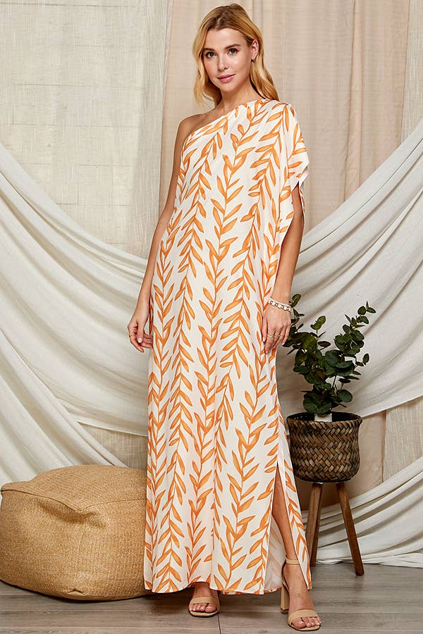 Orange Leaf One Shoulder Maxi