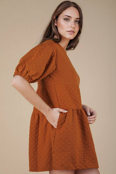 Camel Quilted Knit Mini Dress