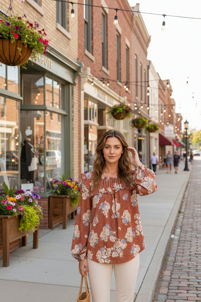 Rustic Floral Ruffle Yoke Blouse