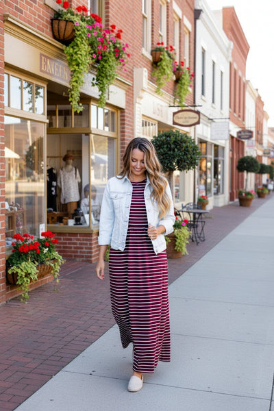 Hazel Striped Tank Maxi Dress Burgundy