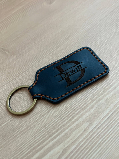 Leather Rectangle Keychain: Navy
