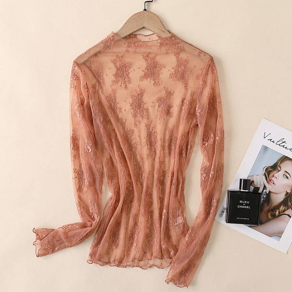 White Sheer Lace Mesh Long Sleeve Top