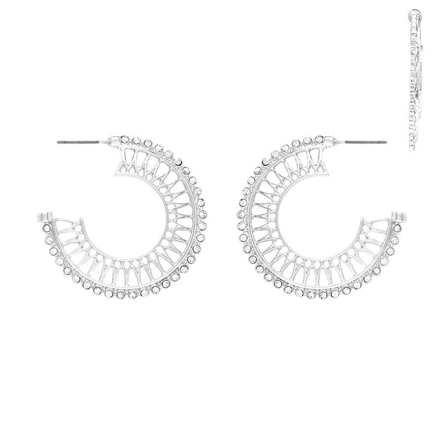 Silver Open Geometric with Rhinestone Accent 2" Earring