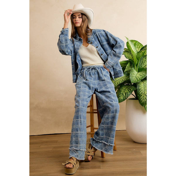 Frayed Plaid Wide Leg Jeans W/Pockets