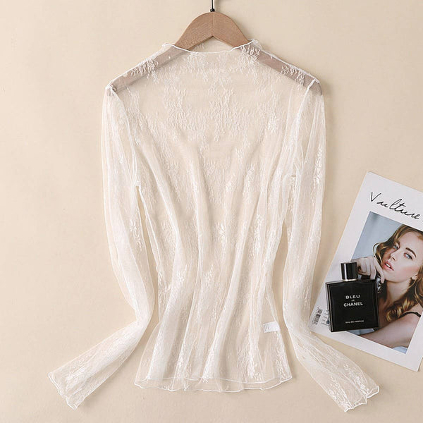 Black Sheer Lace Mesh Long Sleeve Top