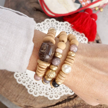 Purple Neutral Chunky Beaded Bracelets Set
