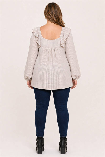 Taupe Waffle Knit Square Neck Ruffle Top