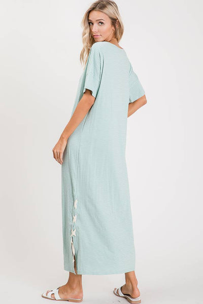 Casual Stripe Lace Up Maxi Dress Mint/Ivory