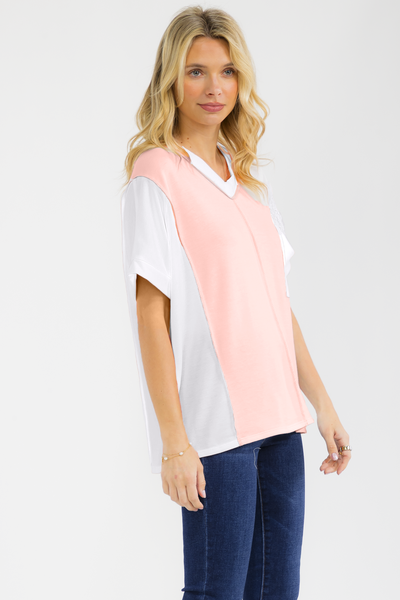 Mixed Media Lace V Neck Top Peach