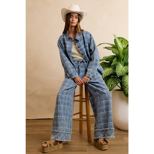Frayed Plaid Wide Leg Jeans W/Pockets