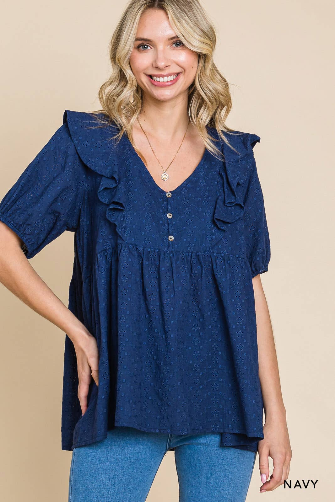 Navy Cotton Eyelet Top