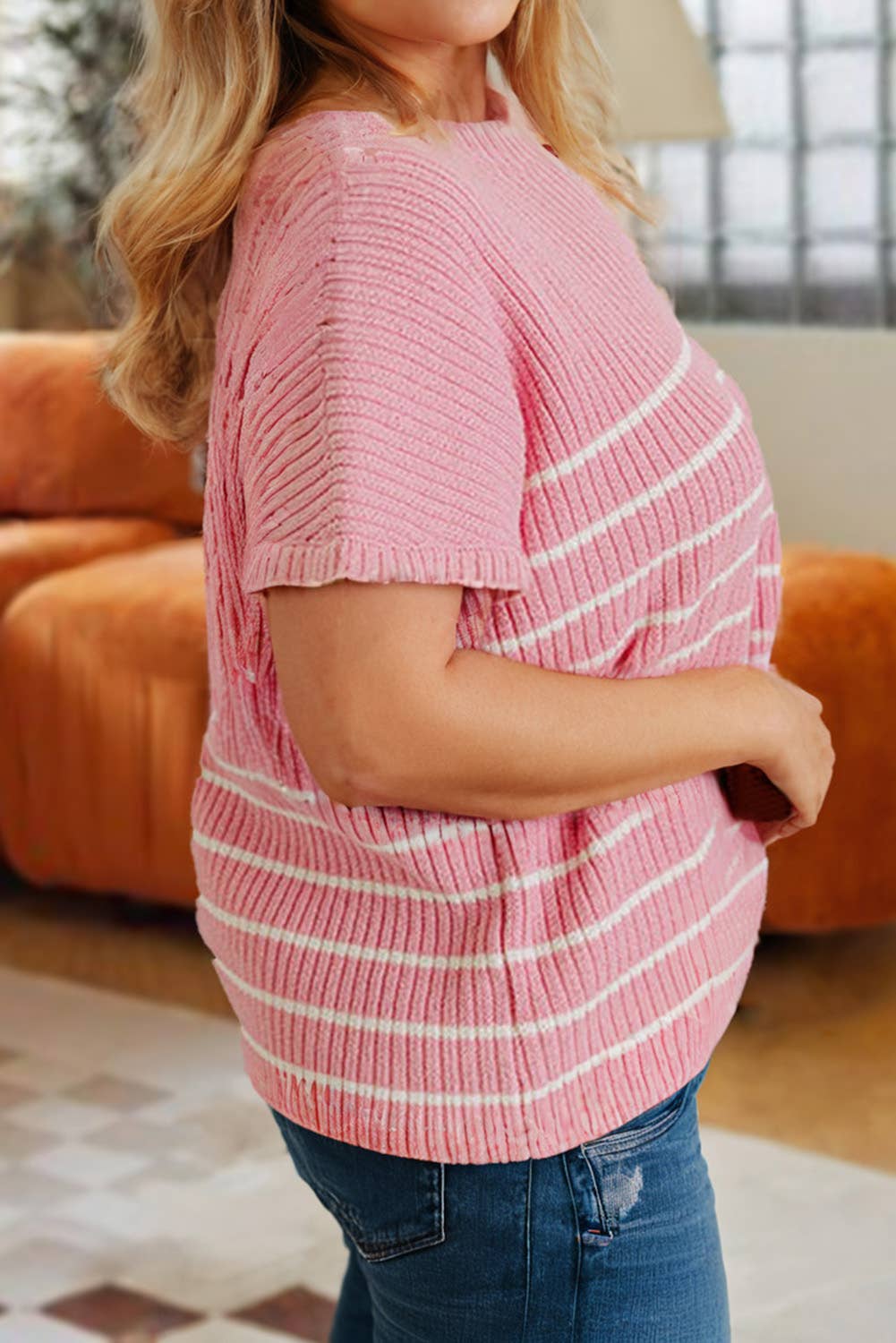 Pink Striped Short Sleeve Sweater