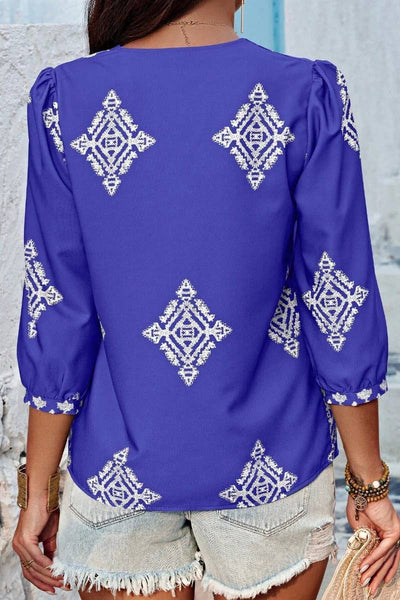 Summer Print 3/4 Sleeve V-Neck Top Pink