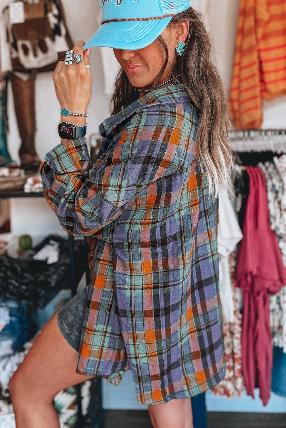 Teal Plaid Button Down Top