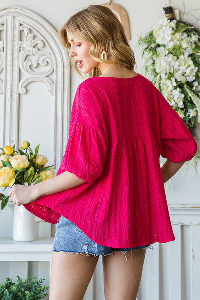 Eyelet Embroidered V-Neck Puff Sleeve Black