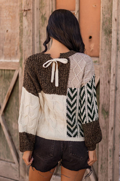 Color Block Patched Knotted Back Sweater