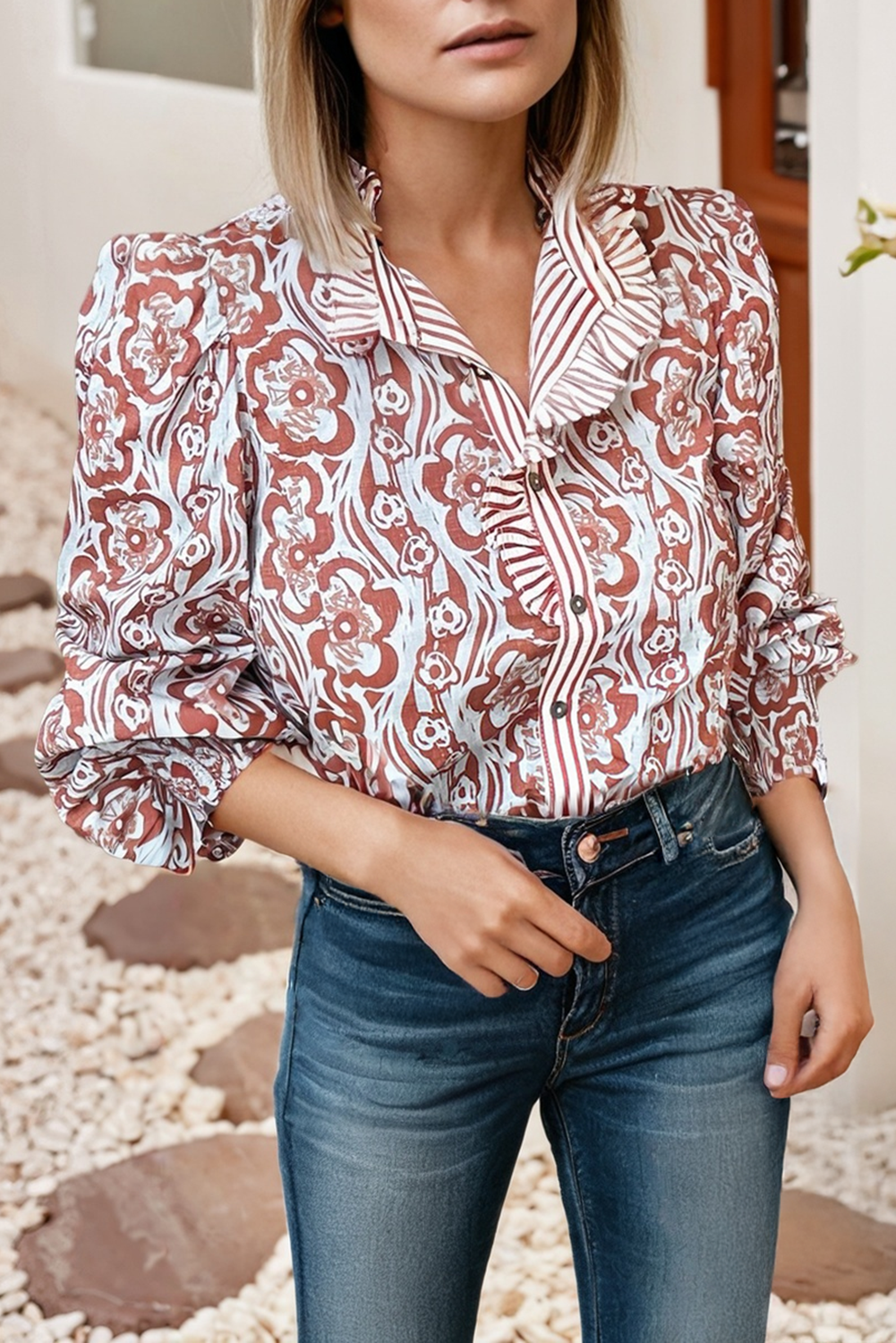 Striped Trim Button Down Smocked Cuffs Shirt