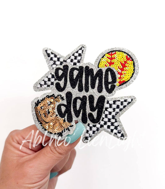 Softball Game Day Checkered Star Sequins Patch