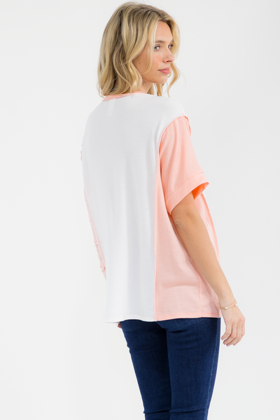 Mixed Media Lace V Neck Top Peach