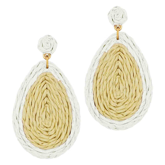White and Tan Rattan Teardrop 2" Earring