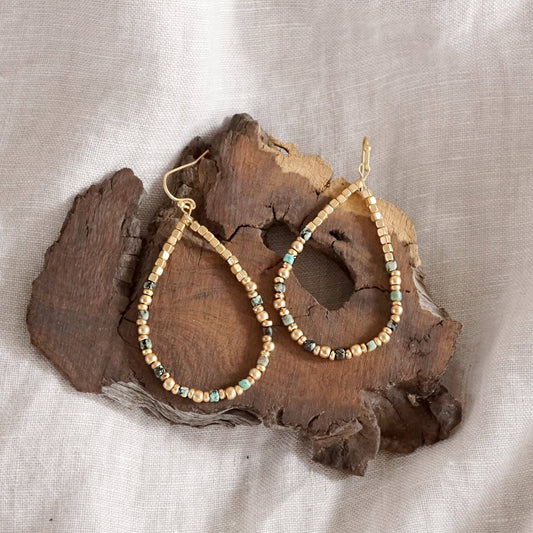 Green Natural Stone & Gold Beaded Teardrop Earrings
