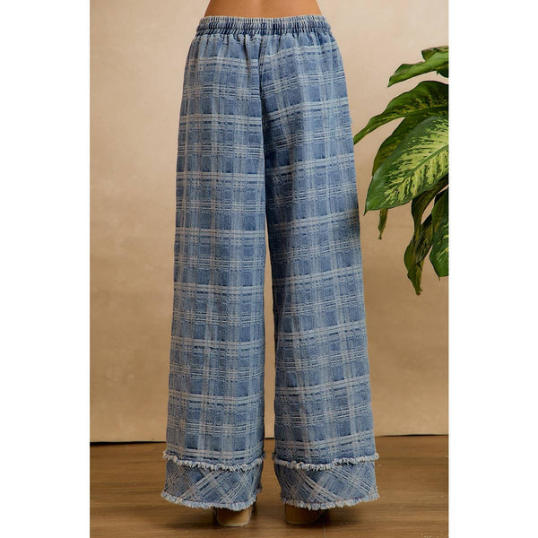 Frayed Plaid Wide Leg Jeans W/Pockets