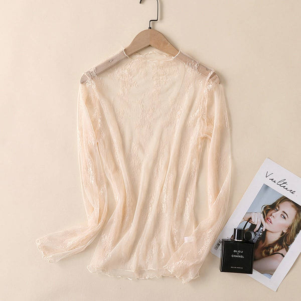 Sheer Lace Mesh Long Sleeve Top Caramel