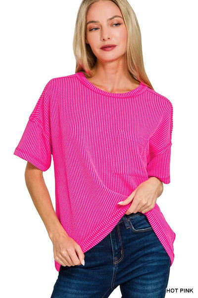 Raised Rib Exposed Seam Short Sleeve Top