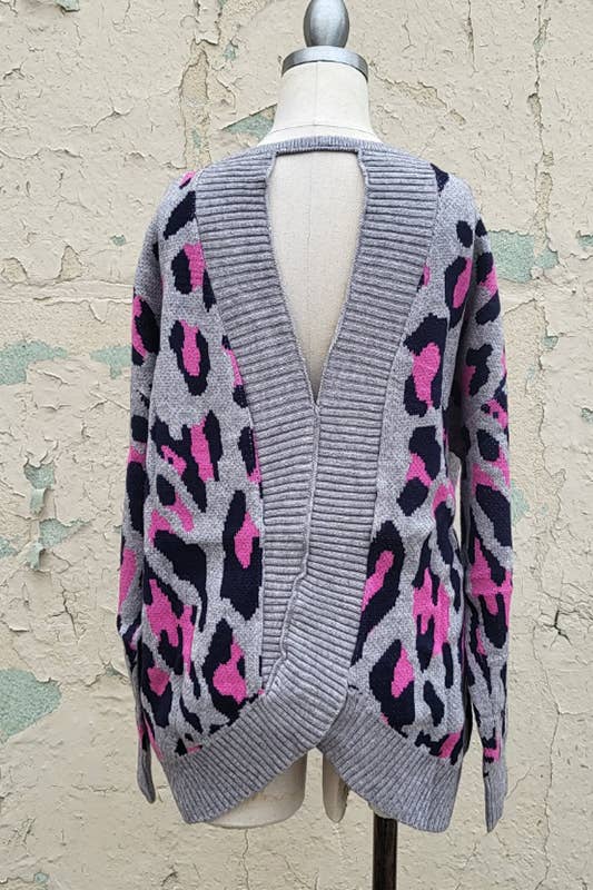 Gray and Leopard Open Back Sweater