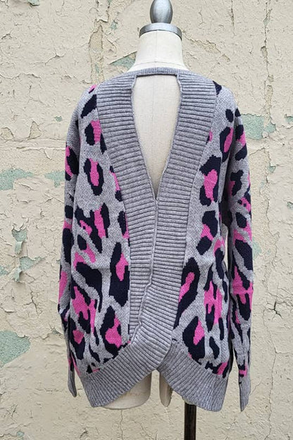 Gray and Leopard Open Back Sweater