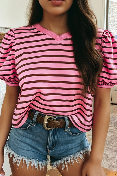 Rose Stripe V Neck Short Puff Sleeve