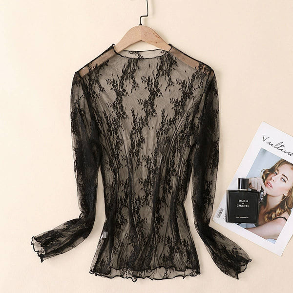 Black Sheer Lace Mesh Long Sleeve Top