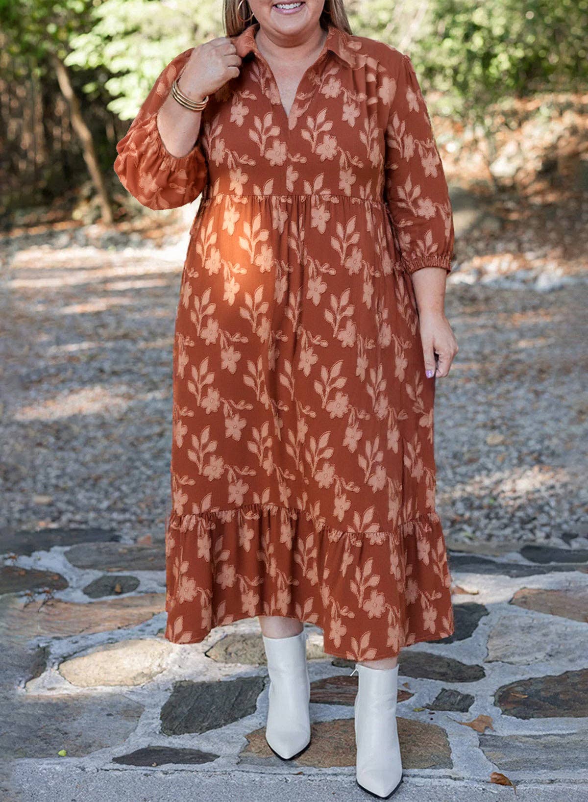 Cinnamon Textured Ruffle Hem Midi Dress