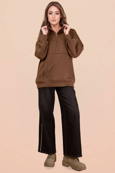 Mocha Half Zip UP Oversized Pull Over
