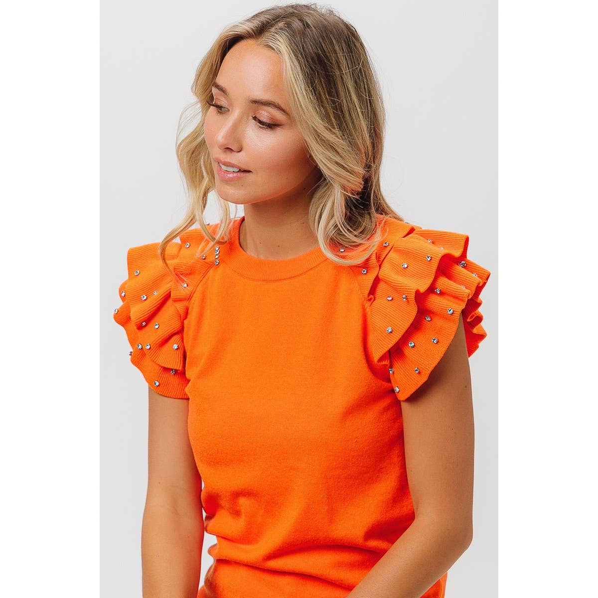 Orange Rhinestone Ribbed Knit Top