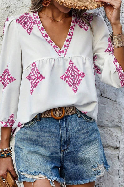 Summer Print 3/4 Sleeve V-Neck Top Pink
