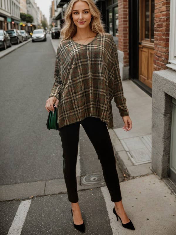 Knit Plaid Dolman Top*