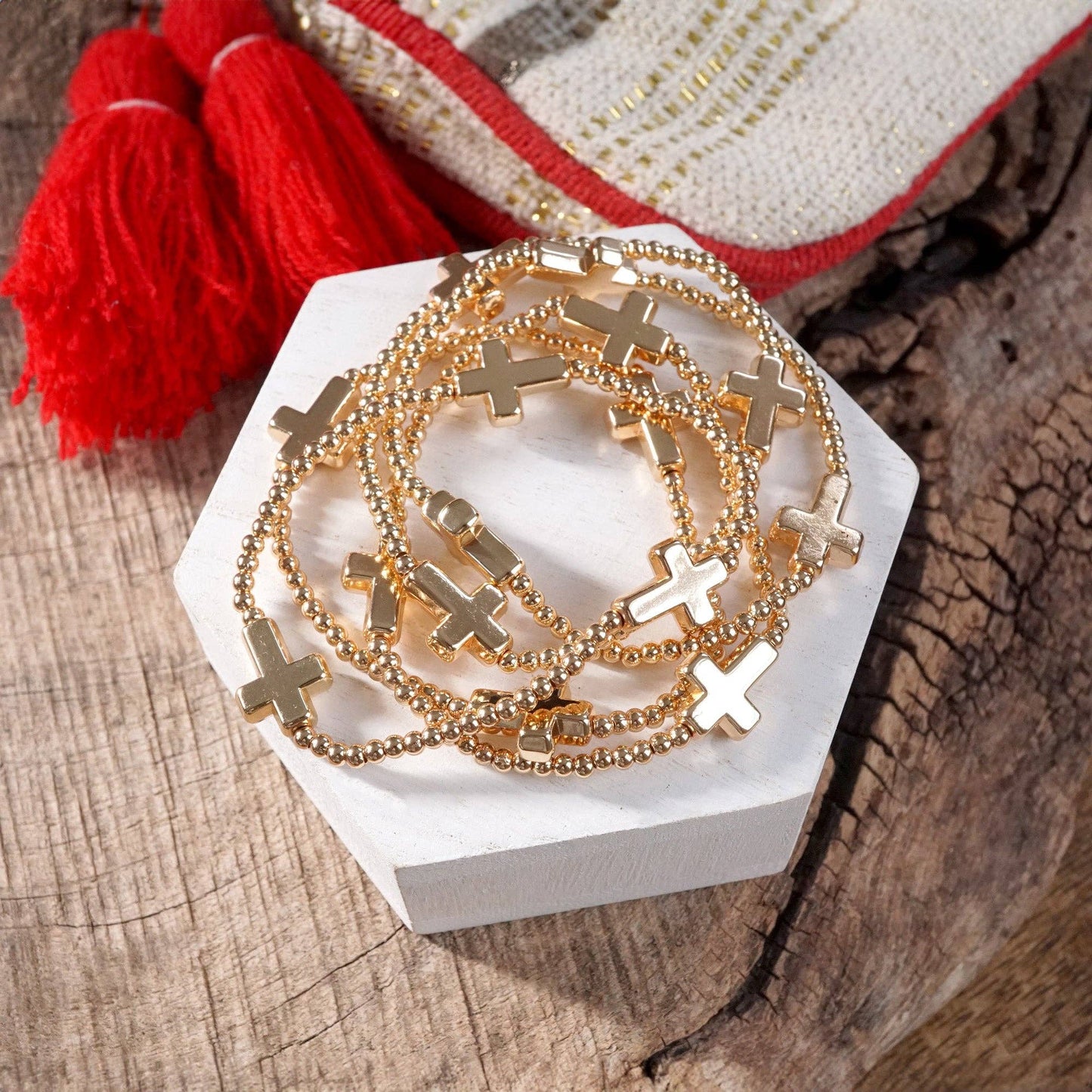 Gold Tone Sideways Cross Bracelet Set of 5